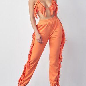 2 PC ORANGE FRINGE BRA TOP JOGGER SET